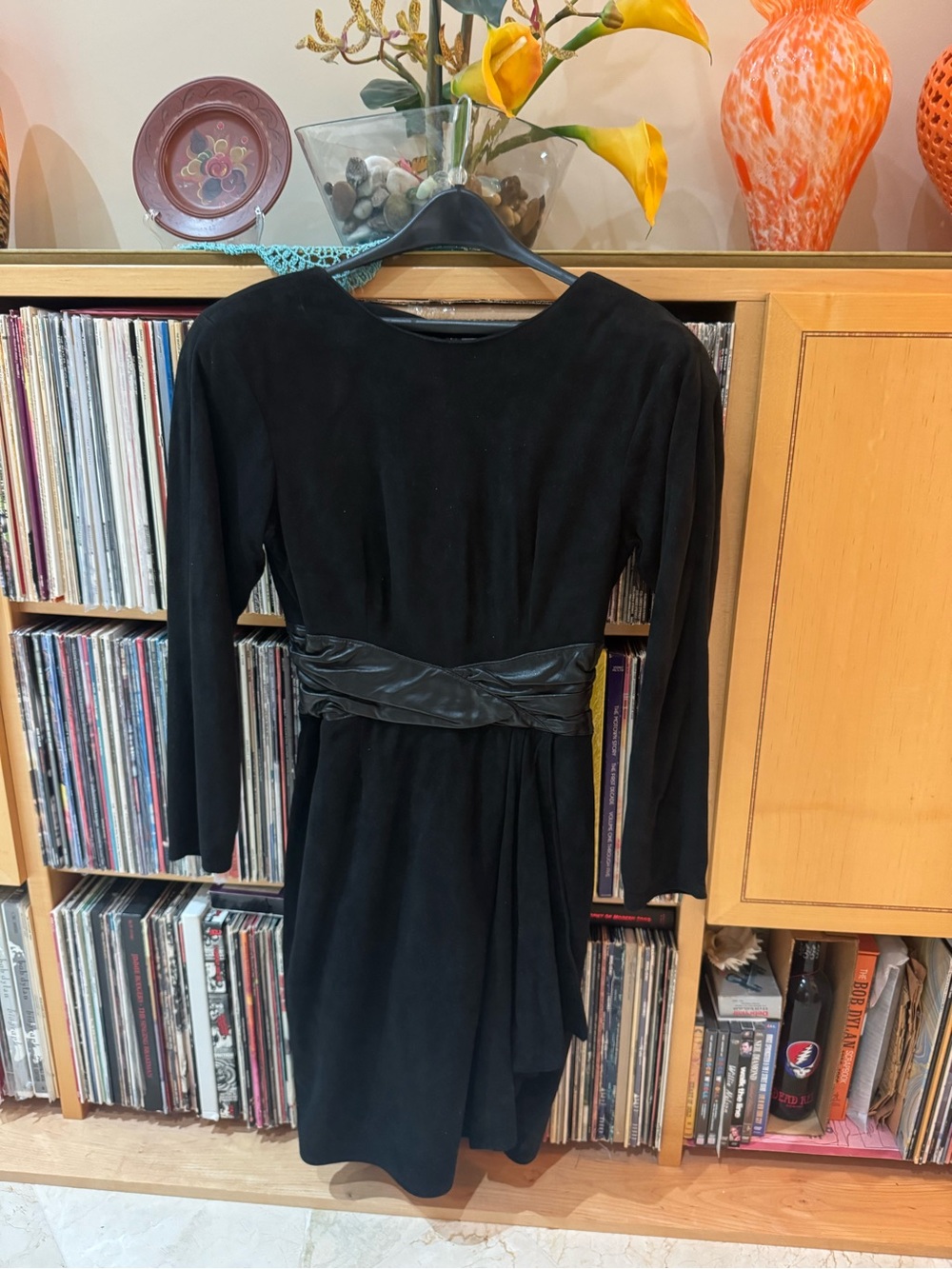 PRICE DROP: NWOT, VAKKO, 10, lined, BLACK LAMBSKIN SUEDE w/LEATHER WAIST DRESS